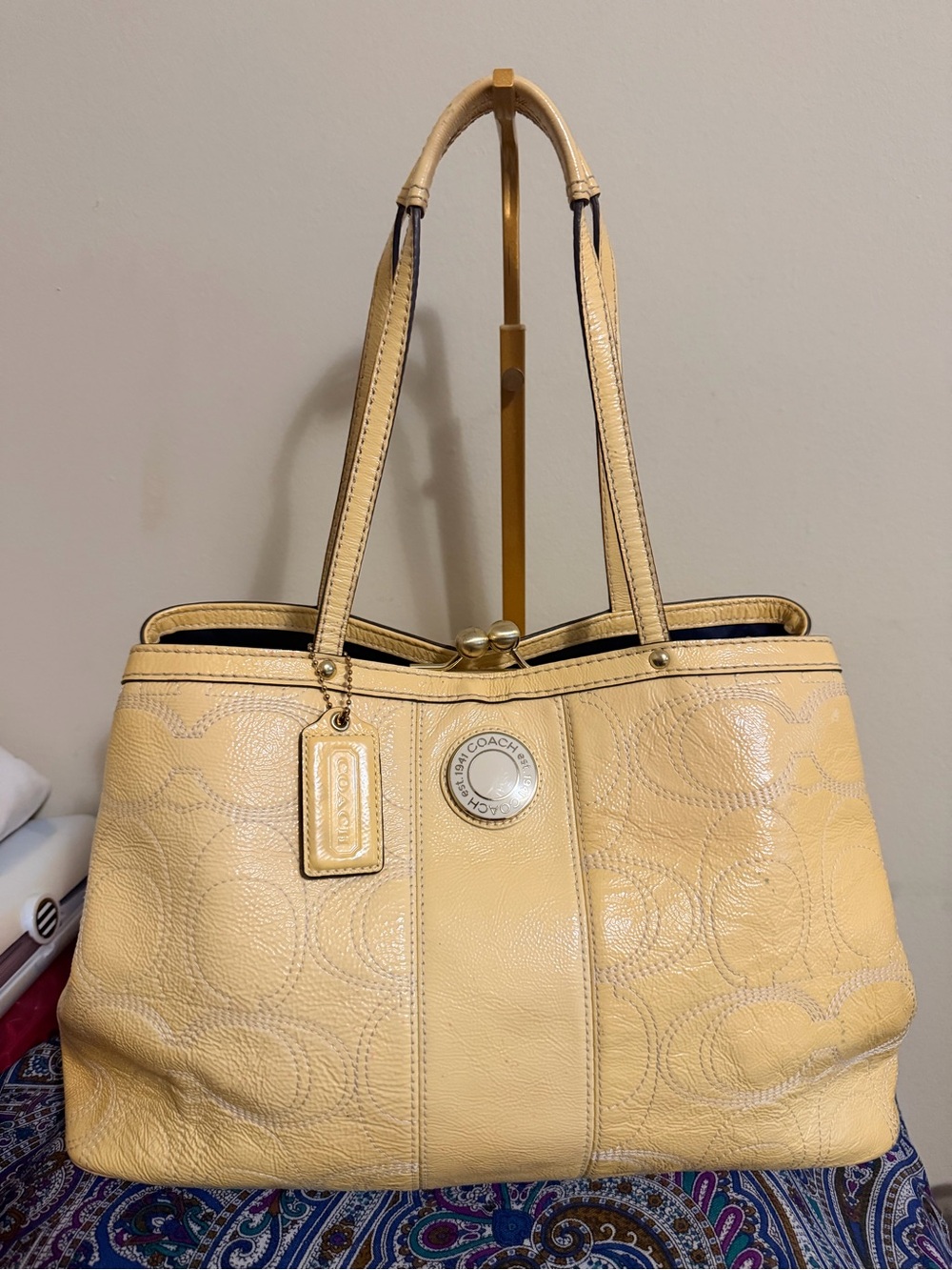 Coach Pale Yellow Leather Signature Tote with Medallion